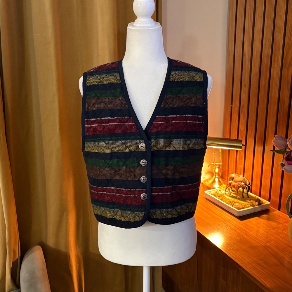 Energie by Currants Vintage Quilted Striped Vest Multi‎ Color Boho Cotton Small
